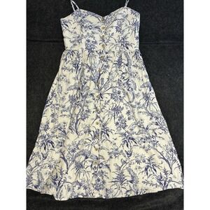H&M‎ LINEN-BLEND DRESS BLUE WHITE FLORAL MIDI SUMMER STRAPPY LARGE 0596